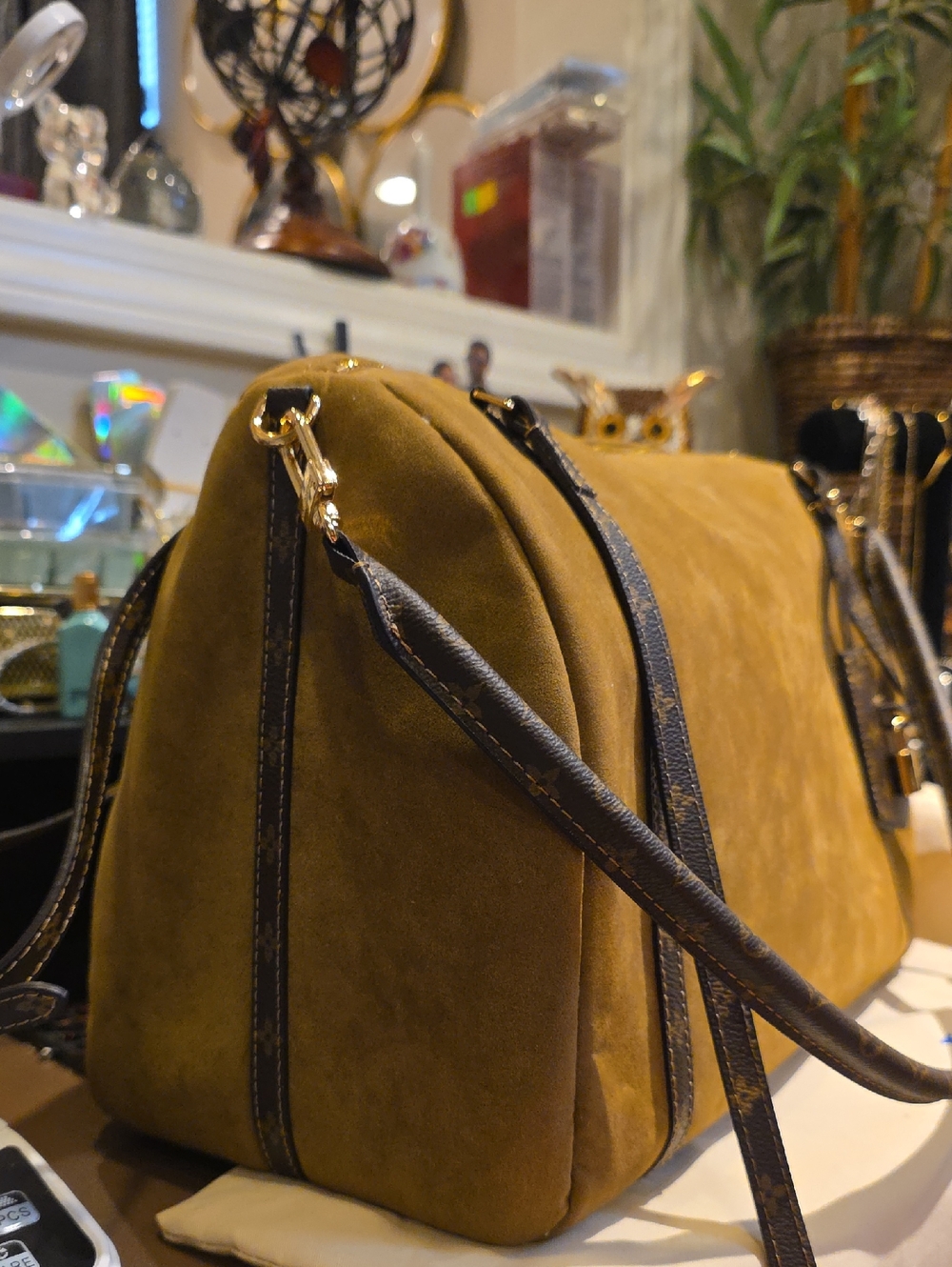 Mustard Brown Suede Barrel Crossbody Bag with Dark Trim